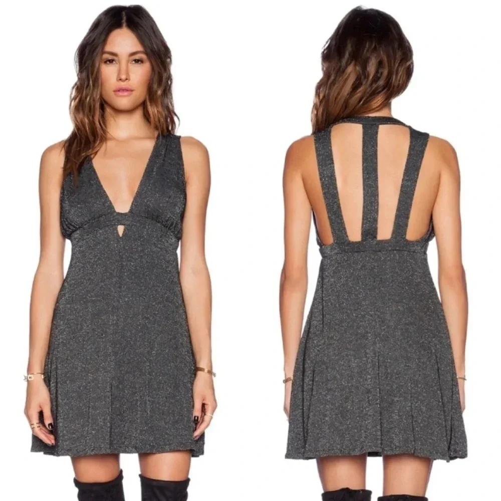 Free People Dance Of The Night Skater Plunging V-Neck Metallic Mini Dress Sz XS